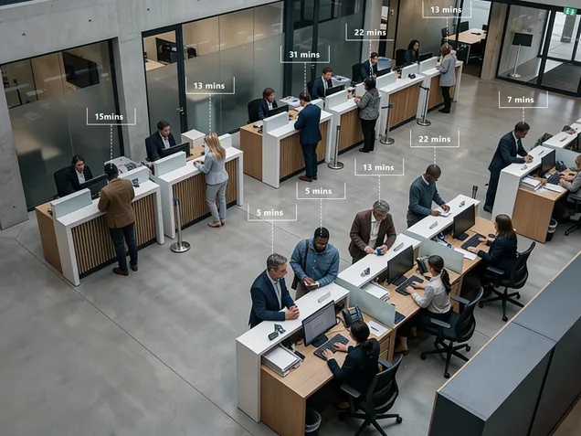 Operational efficiency dashboard showing space utilization, staffing coverage, and activity monitoring