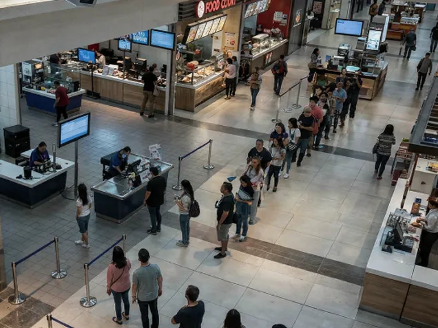 Queue and service analytics dashboard showing wait times, queue length, and service point performance