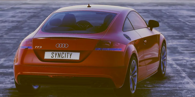 SynCity rendered car model - an Audi with SYNCITY license plate demonstrating high-fidelity synthetic imagery