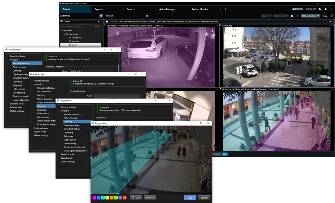 CVEDIA-RT XProtect screens showing analytics